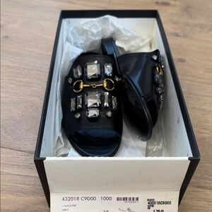 Gucci Black Crystal-Embellished Leather Slides with Gold Horsebit